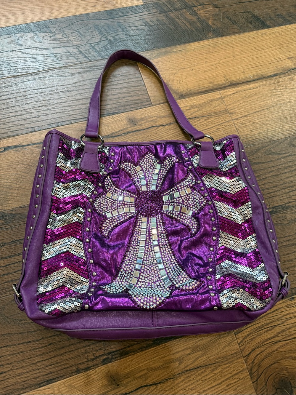 Y2K Purple Sequin Cross Accent Tote Bag - Women